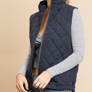 Navy Quilted Sleeveless Zip Front Vest Outerwear